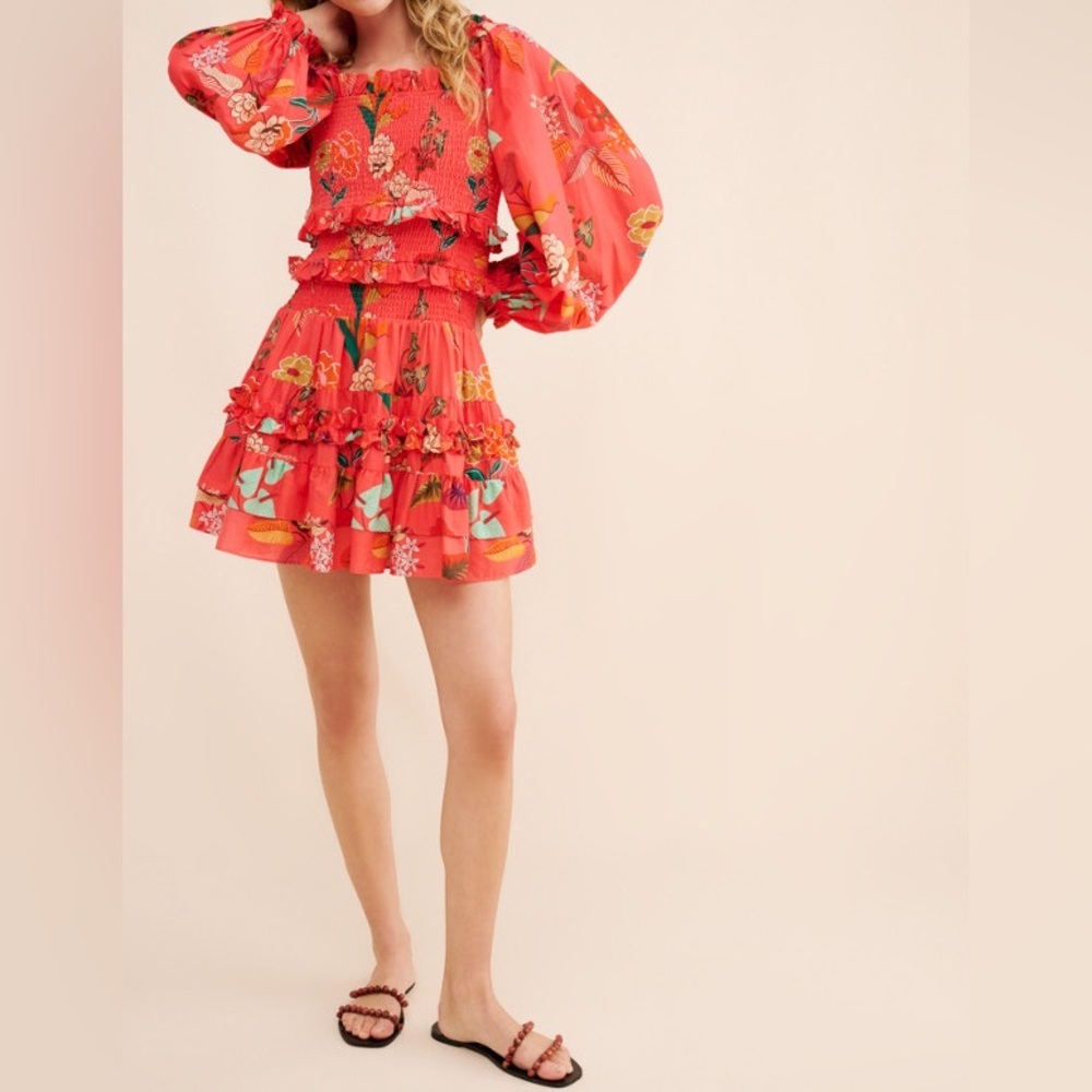 Farm Rio for Anthropologie Smocked Ruffle Floral Mini Dress Size S
